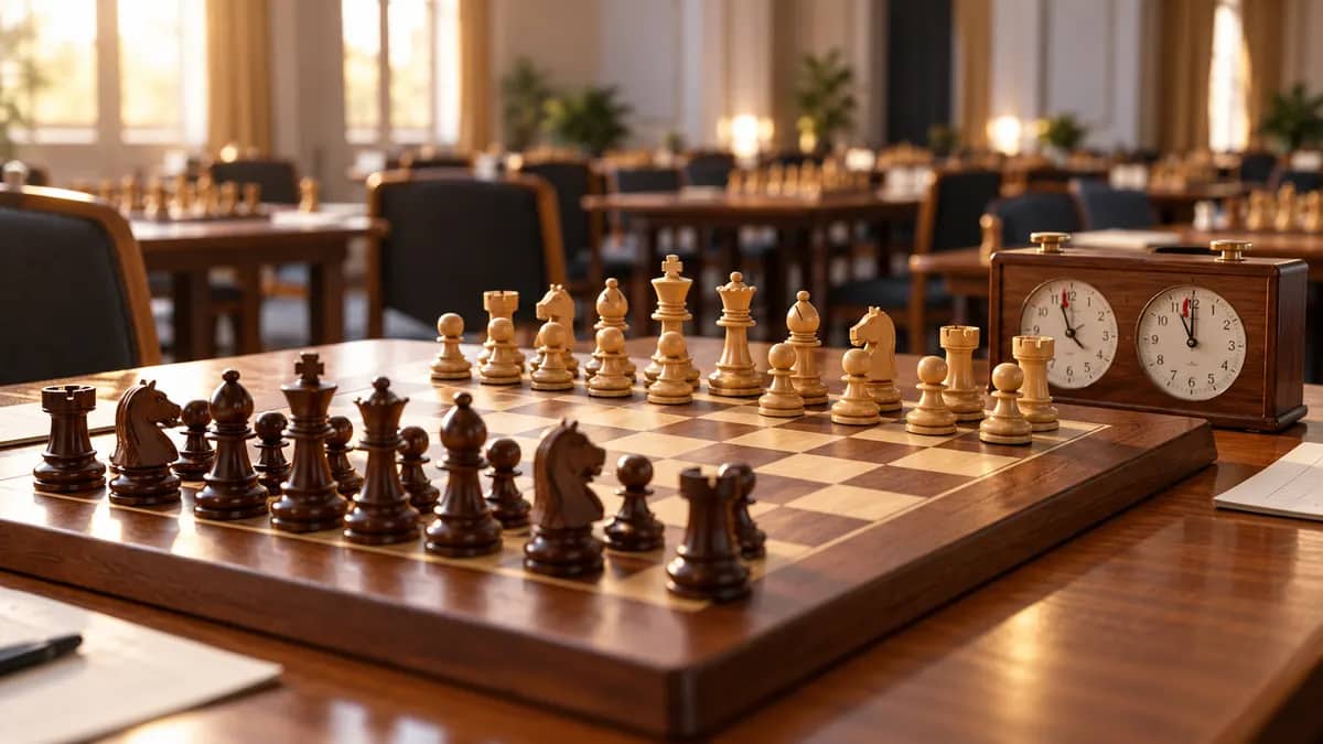 Chessboard and clock on an indoor tournament table — AI-generated illustration