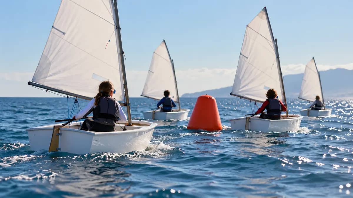 Small sailing dinghies rounding a buoy at sea — AI-generated illustration