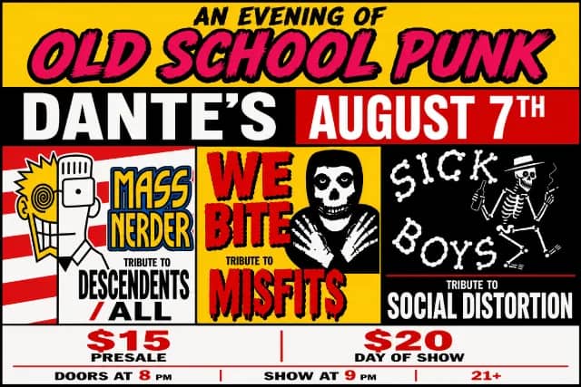 AN EVENING OF OLD SCHOOL PUNK: Mass Nerder (Descendents/ALL), We Bite (Misfits) & Sick Boys (Social Distortion)