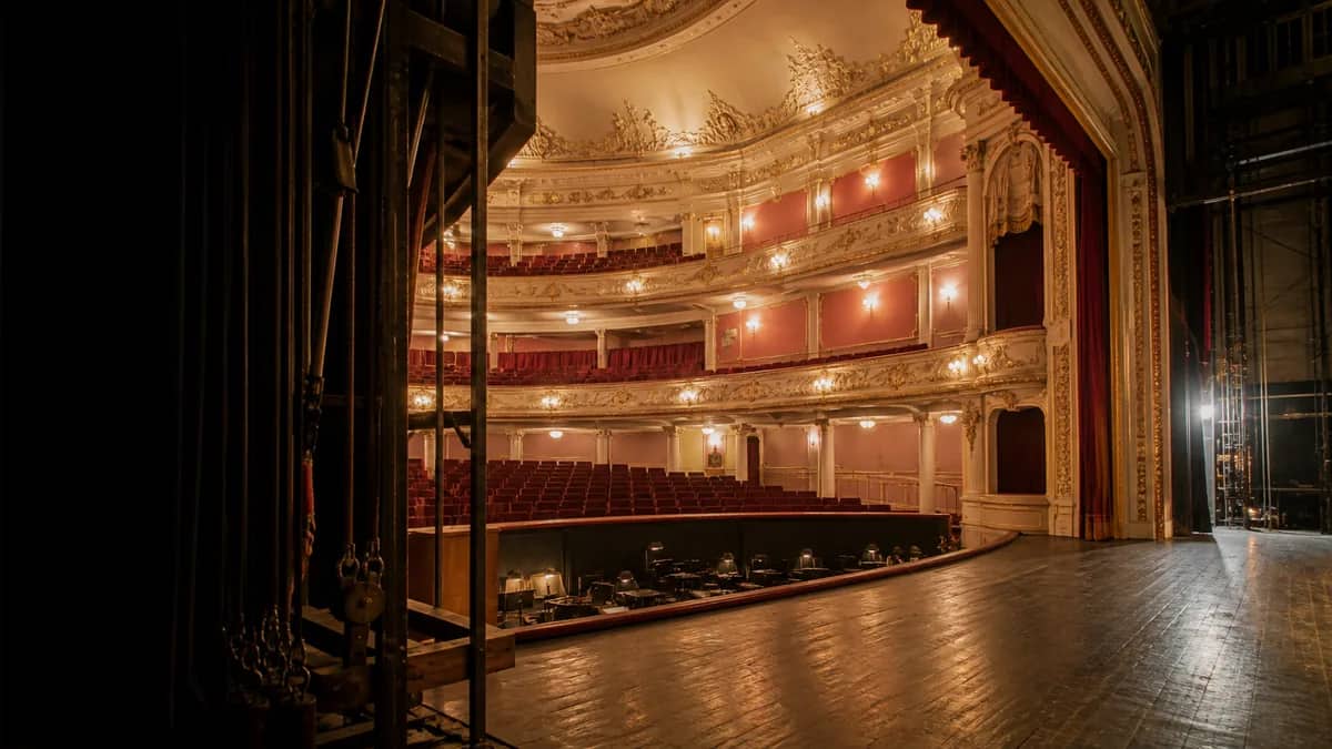 A cultural venue set for a performance or exhibition.