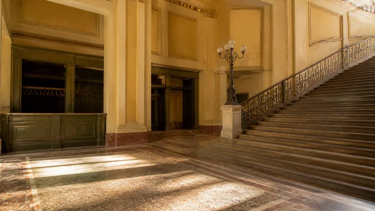 A cultural venue set for a performance or exhibition.