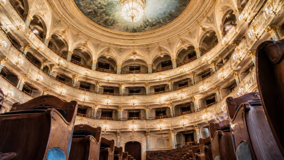 A cultural venue set for a performance or exhibition.