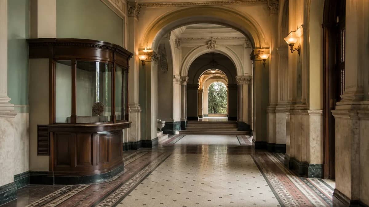 A cultural venue set for a performance or exhibition.