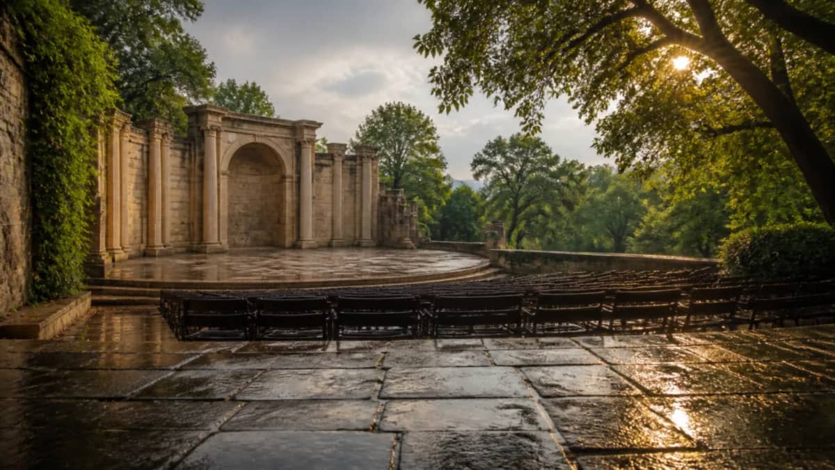 A cultural venue set for a performance or exhibition.