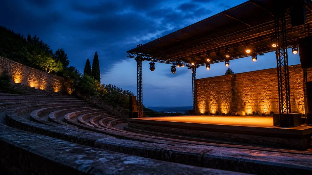 A cultural venue set for a performance or exhibition.