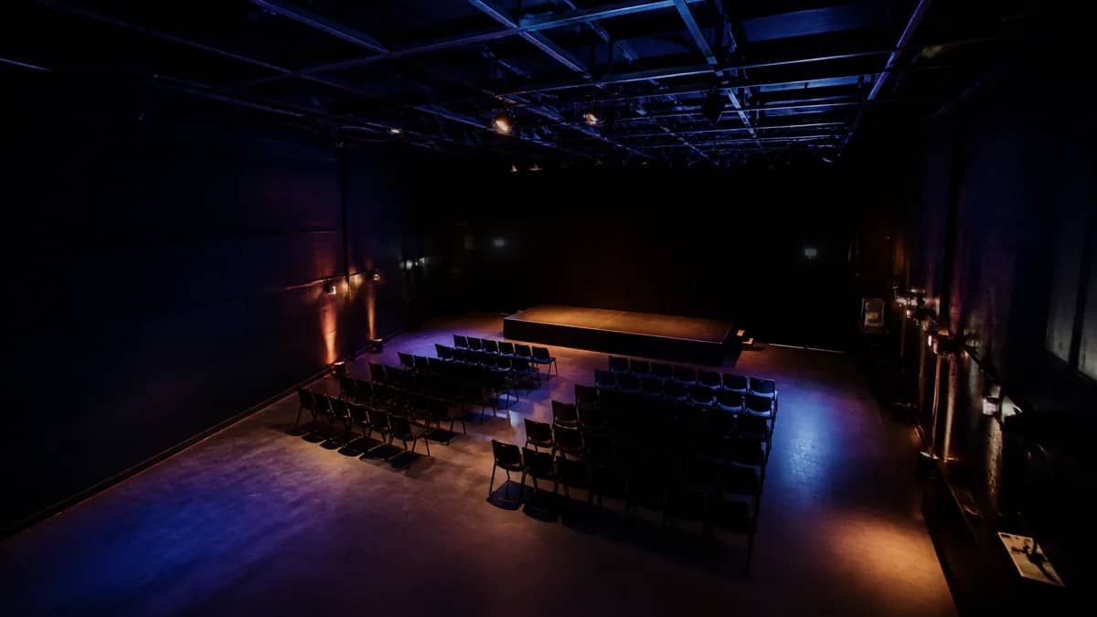A cultural venue set for a performance or exhibition.