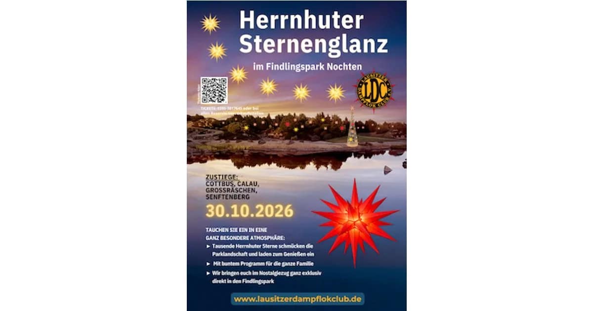 Sonderzugfahrten mit dem Lausitzer Dampflok Club e.V. - Herrnhuter Sternenglanz im Findlingspark Nochten – Familien-Nostalgiezug zum Fest! event image