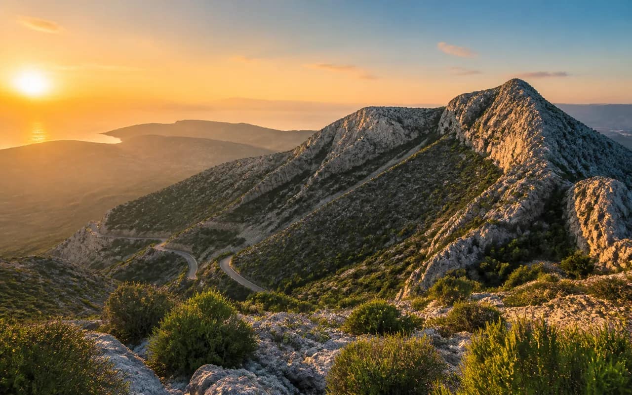 Rugged Mediterranean mountain ridge at sunrise with hazy peaks