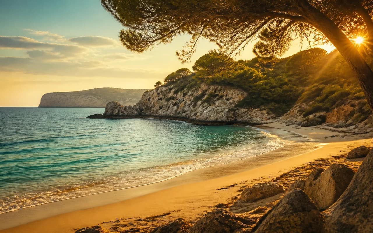 Mediterranean beach cove at golden hour with turquoise shallows