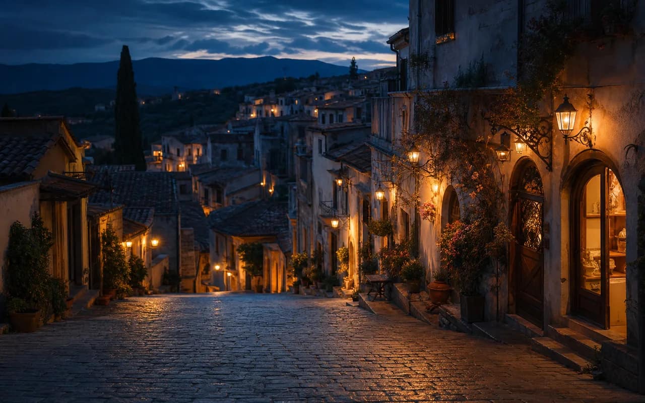 Mediterranean old-town street at blue hour with warm shopfront glow