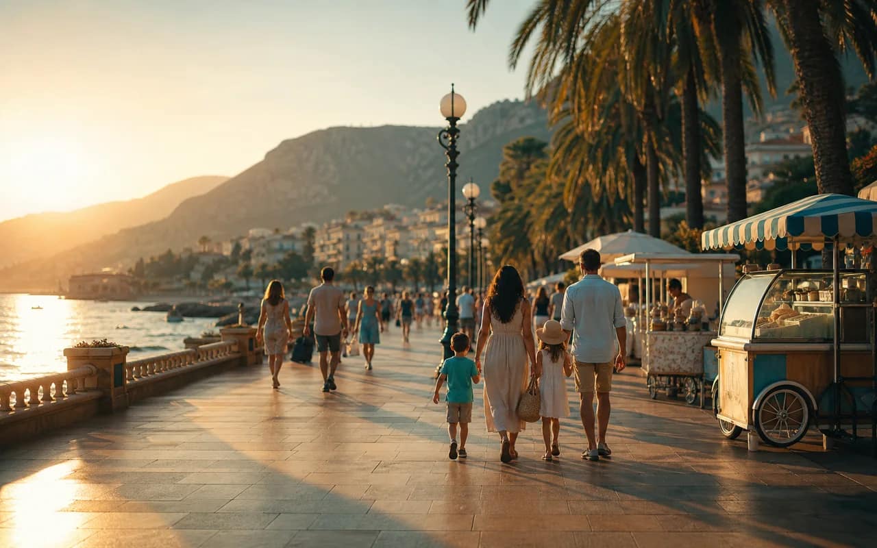 Sunlit seaside promenade with families strolling from behind