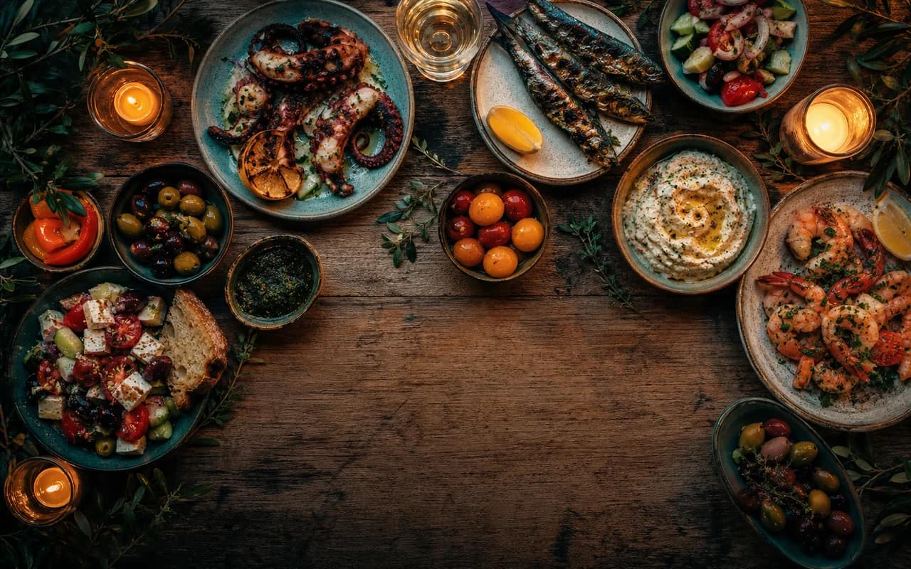 Overhead Mediterranean meze spread on a rustic candlelit table