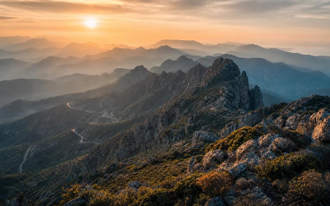 Rugged Mediterranean mountain ridge at sunrise with hazy peaks