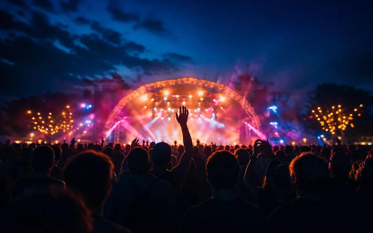 Open-air summer festival at night with stage lights and crowd silhouettes