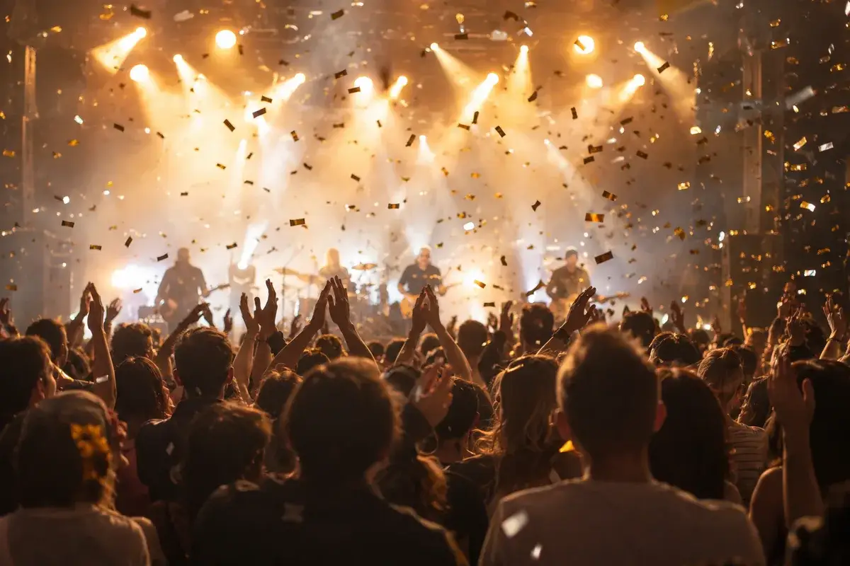 AI-generated illustration Live band on stage with confetti and warm lights over the crowd — AI-generated illustration