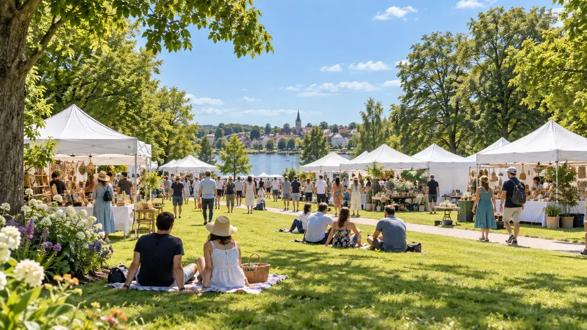 AI-generated illustration People relaxing on a sunny festival lawn with white market tents — AI-generated illustration