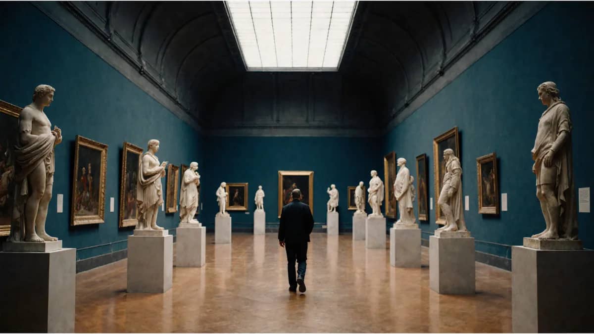 Ilustración generada por IA Grand museum hall lined with statues and paintings — Ilustración generada por IA