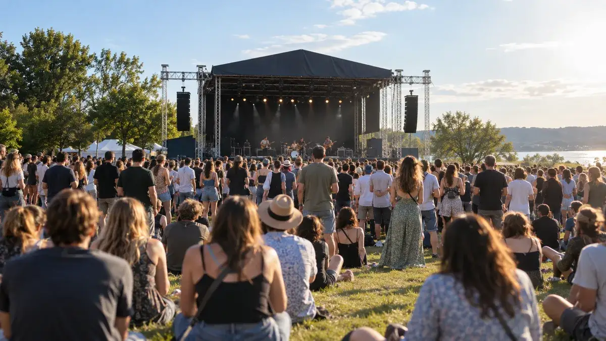 AI-generated illustration Open-air concert crowd on a lawn facing a stage in the afternoon — AI-generated illustration