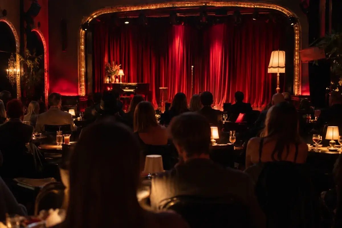 AI-generated illustration Audience watching a cabaret stage with red curtains — AI-generated illustration
