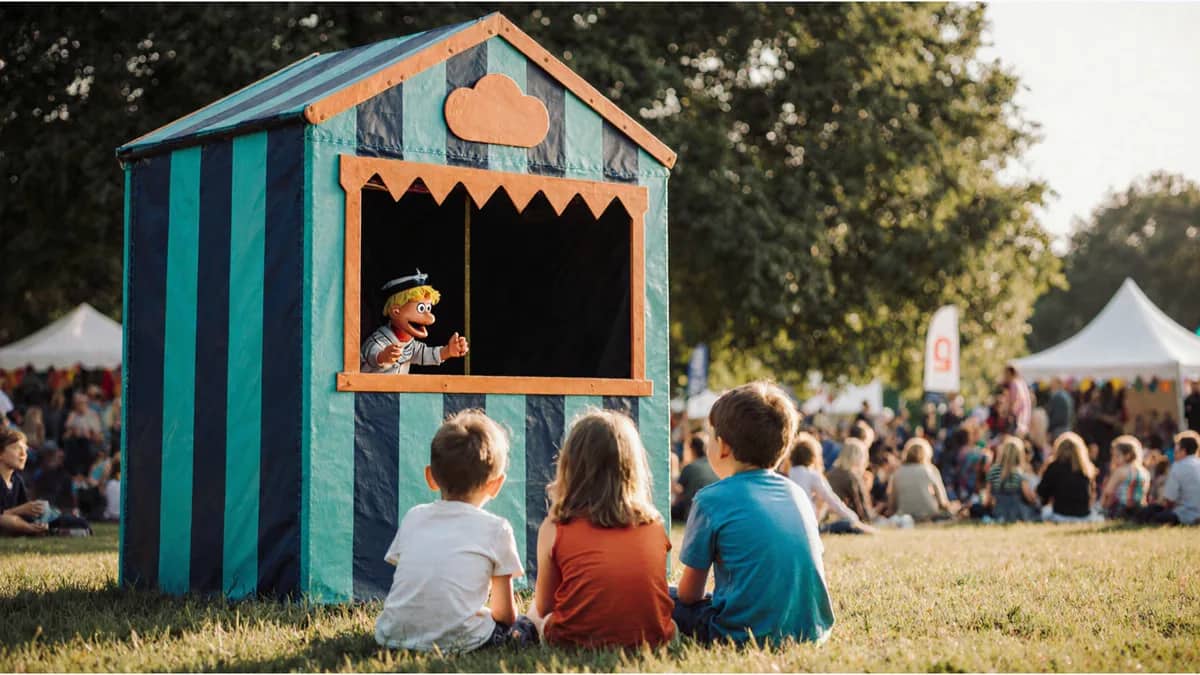 AI-generated illustration Children watching a puppet show booth outdoors — AI-generated illustration