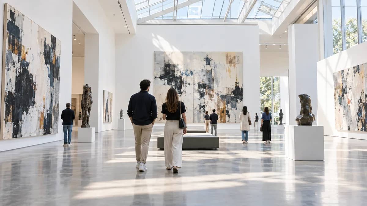 AI-generated illustration Visitors walking through a bright modern museum gallery with large artworks — AI-generated illustration