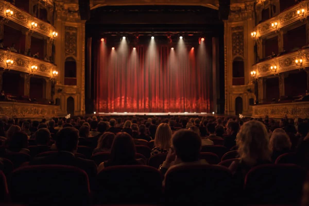 AI-generated illustration Audience in a historic theatre facing a red stage curtain — AI-generated illustration
