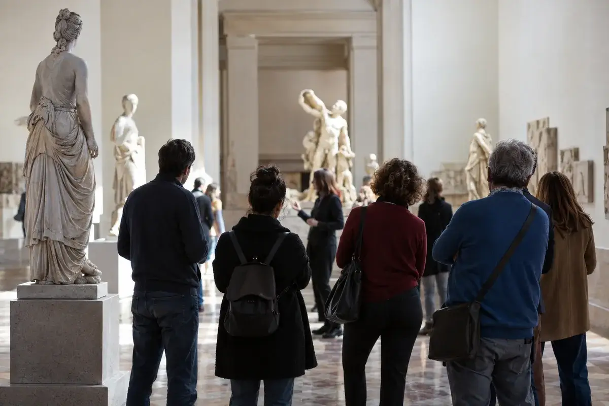 AI-generated illustration Visitors looking at sculptures in a museum hall — AI-generated illustration