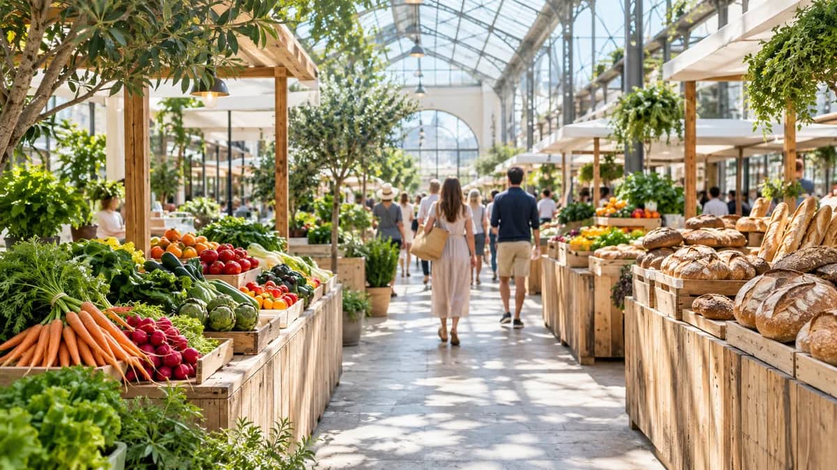 AI-generated illustration Covered food market with fresh vegetables and bread stalls in daylight — AI-generated illustration