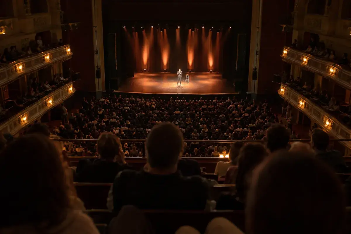 AI-generated illustration Performer on stage in a large theatre with a full audience — AI-generated illustration