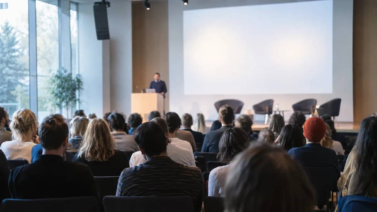 AI-generated illustration Speaker at a podium addressing a seated audience — AI-generated illustration