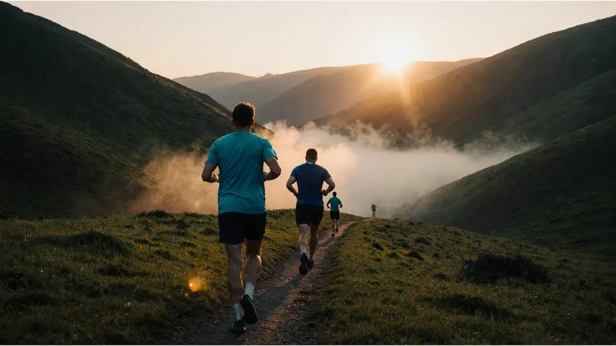 AI-generated illustration Runners seen from behind on a grassy ridge trail at sunrise above low mist — AI-generated illustration