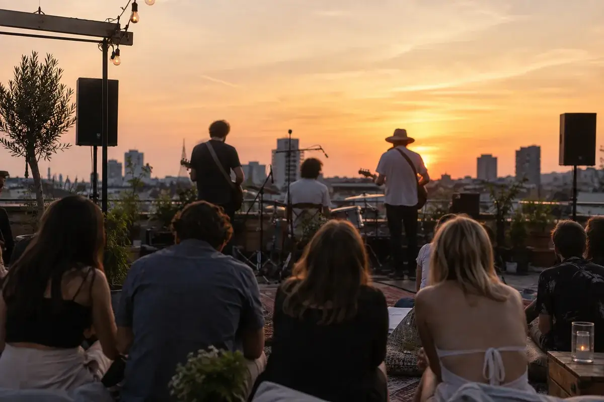 AI-generated illustration Rooftop concert at sunset with a city skyline behind — AI-generated illustration