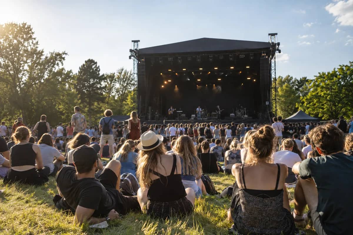 AI-generated illustration People sitting on a grassy hill watching an open-air concert — AI-generated illustration