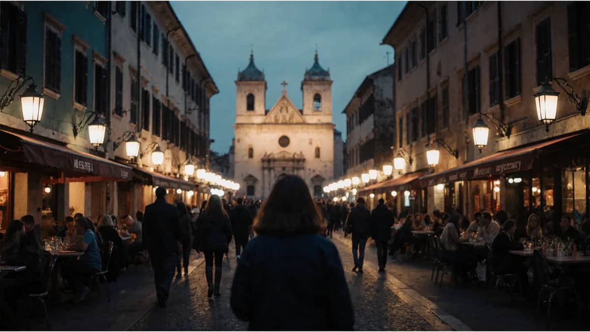 AI-generated illustration Evening street lined with lanterns and cafe lights leading to a historic church square — AI-generated illustration