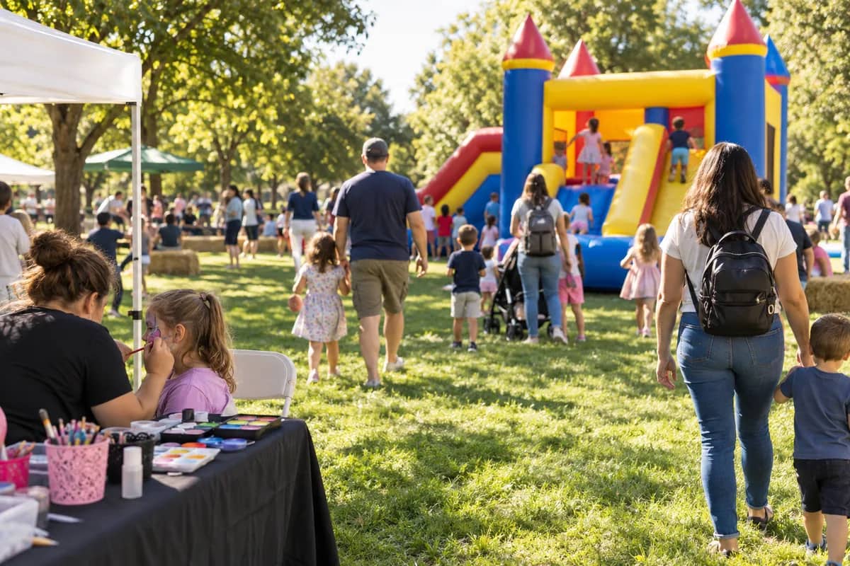 AI-generated illustration Families at a park fair with a bouncy castle and face painting — AI-generated illustration