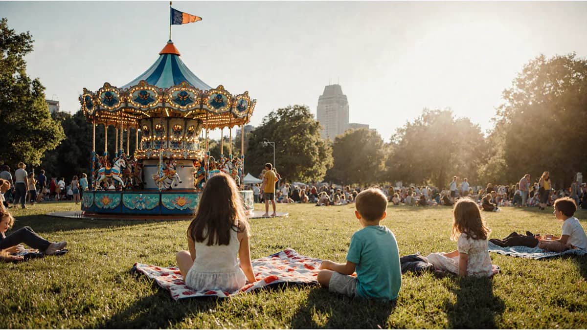 AI-generated illustration Children seen from behind on picnic blankets near a carousel in a sunny park — AI-generated illustration