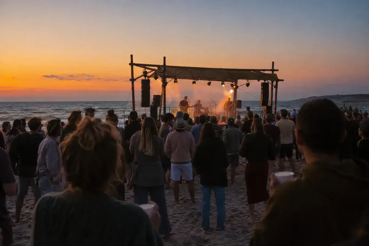 AI-generated illustration Beach concert at sunset with an audience on the sand — AI-generated illustration