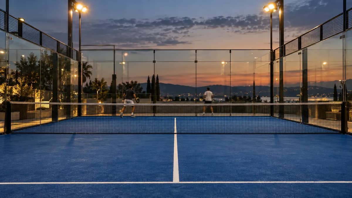 AI-generated illustration Outdoor padel court with glass walls under floodlights at dusk — AI-generated illustration