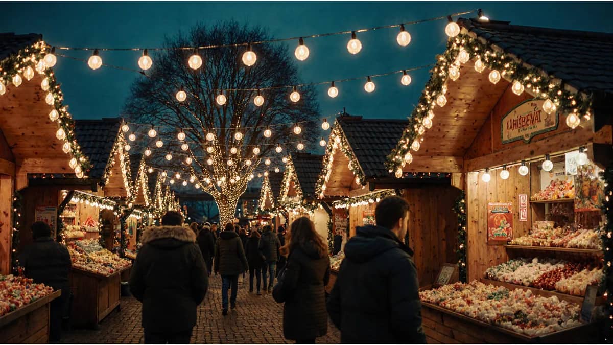 رسم توضيحي من إنتاج الذكاء الاصطناعي Christmas market stalls with warm festive lights — رسم توضيحي من إنتاج الذكاء الاصطناعي