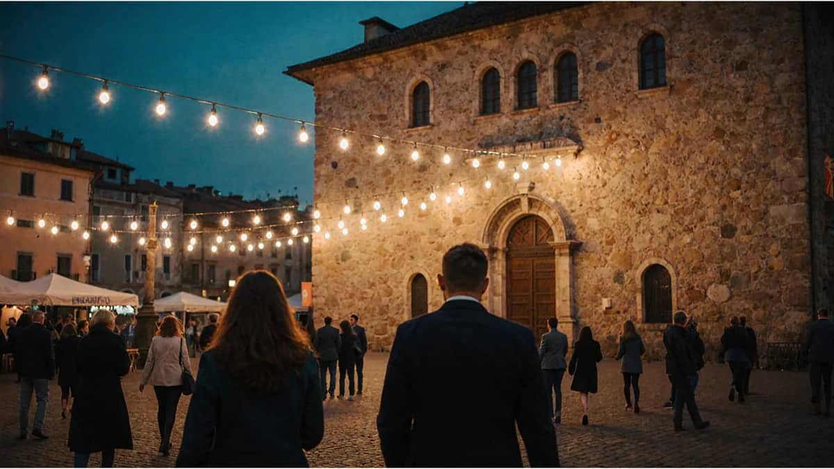 AI-generated illustration People strolling through a historic old-town square lit with string lights at dusk — AI-generated illustration