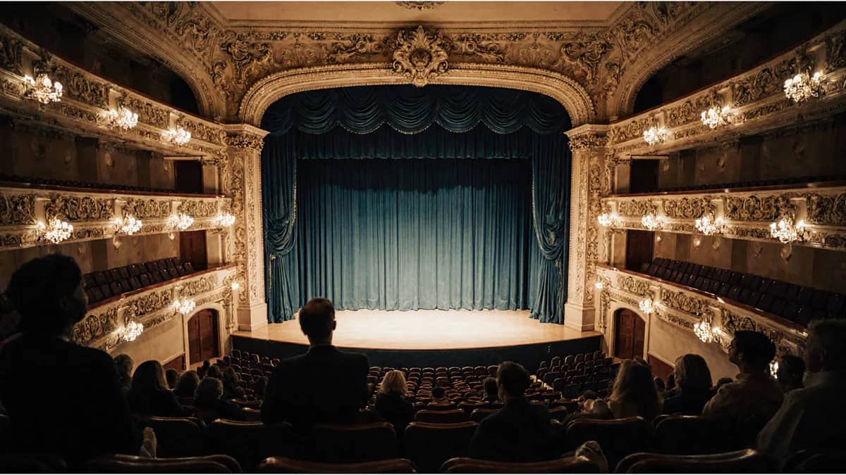 AI-generated illustration Audience facing a lit stage in an ornate theatre — AI-generated illustration