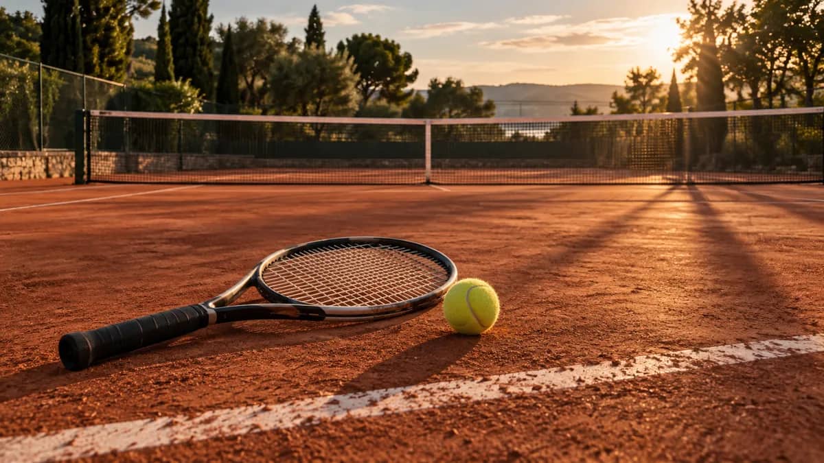 AI-generated illustration Tennis racket and ball on a clay court in late afternoon sun — AI-generated illustration