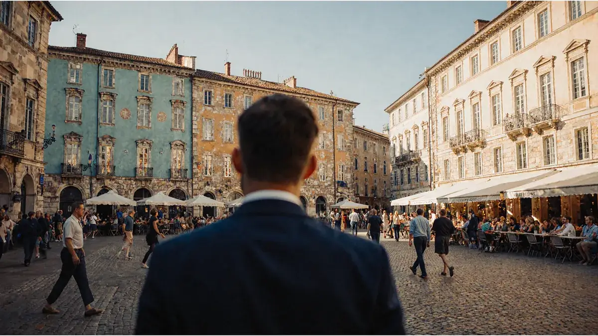 AI-generated illustration Sunny old-town square with historic facades and cafe terraces, people strolling — AI-generated illustration