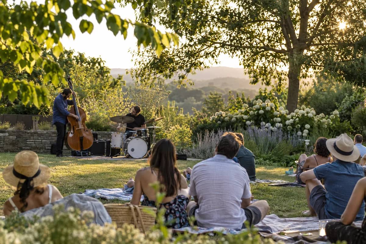 AI-generated illustration Jazz trio playing in a garden for an audience on picnic blankets — AI-generated illustration