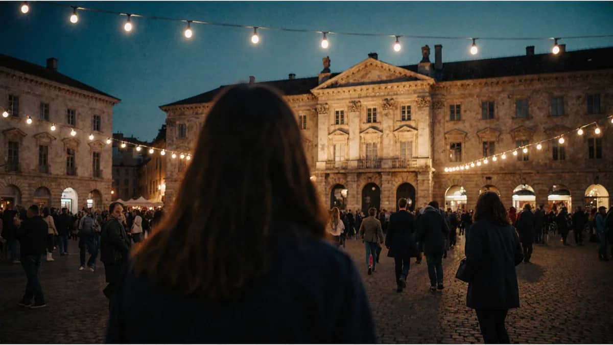 AI-generated illustration People strolling through a historic old-town square lit with string lights at dusk — AI-generated illustration