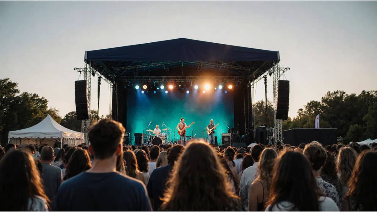 AI-generated illustration Afternoon open-air concert crowd facing a stage under a canopy — AI-generated illustration