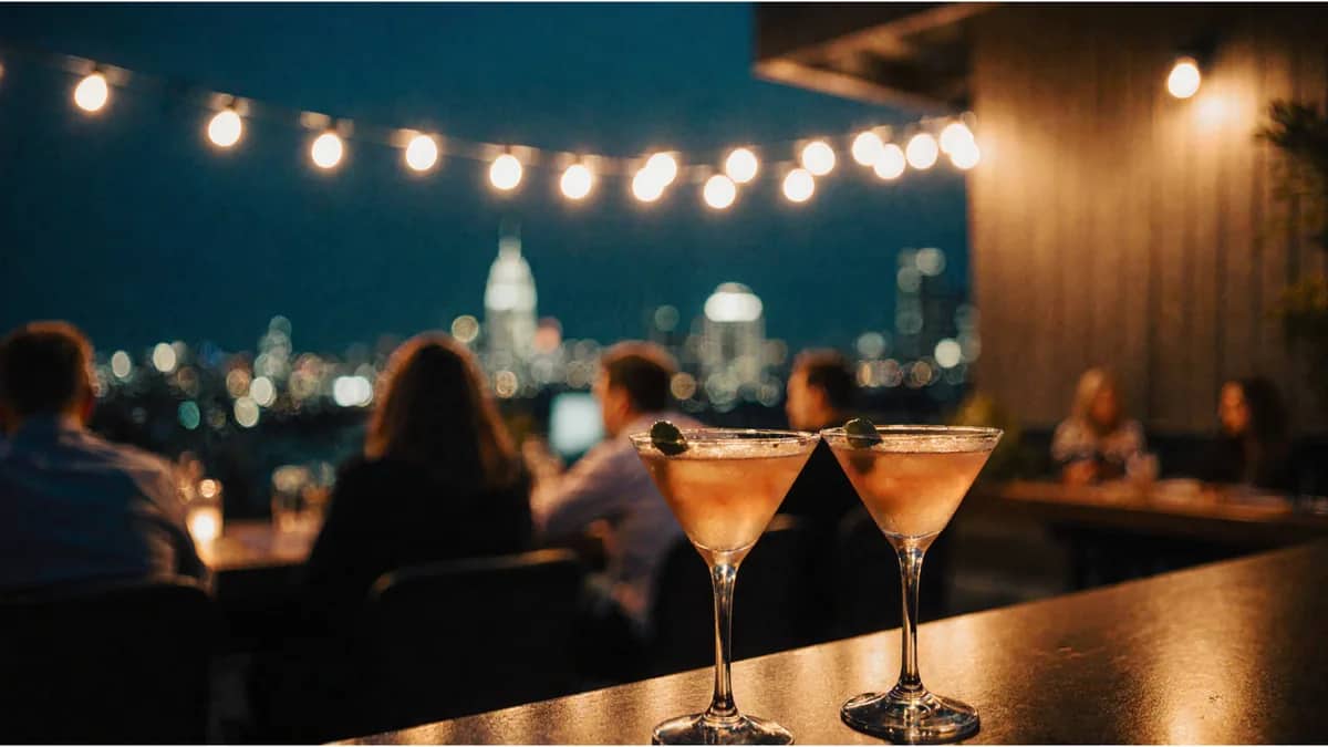 AI-generated illustration Two cocktails on a bar with city lights behind — AI-generated illustration