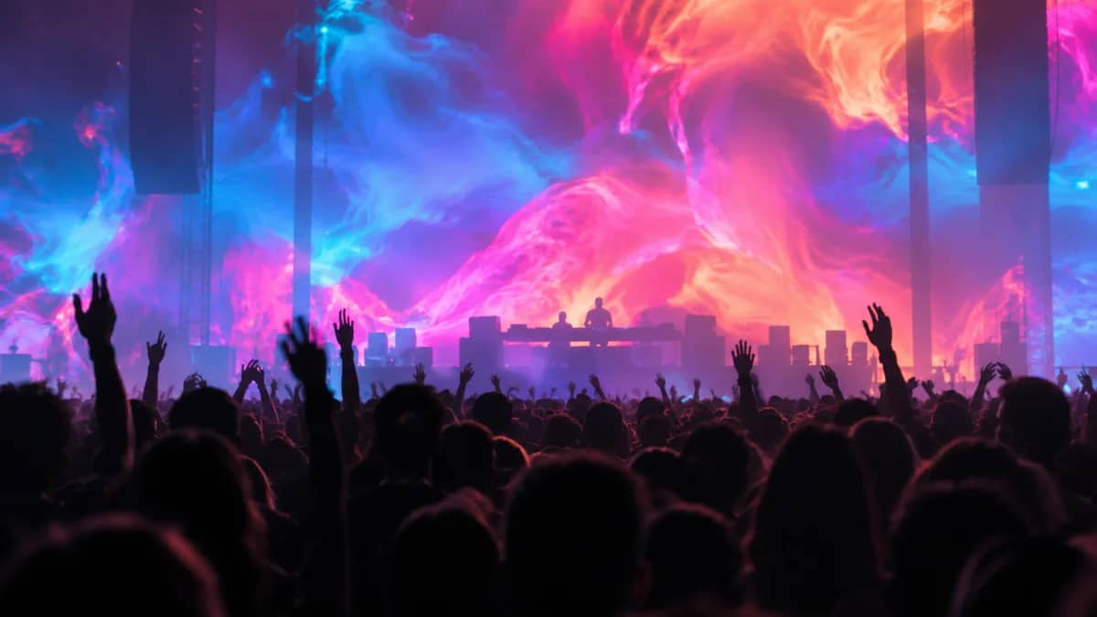 Иллюстрация создана ИИ Crowd silhouettes before a wall of abstract LED colour — Иллюстрация создана ИИ