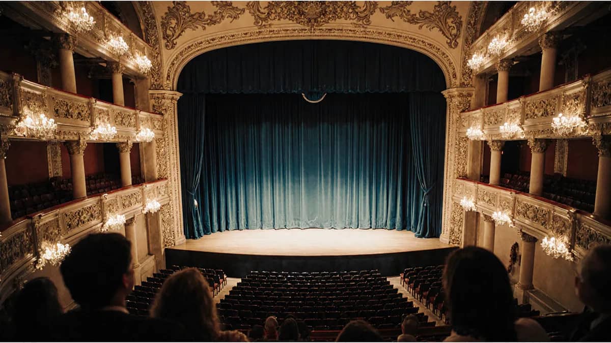 AI-generated illustration Audience facing a lit stage in an ornate theatre — AI-generated illustration