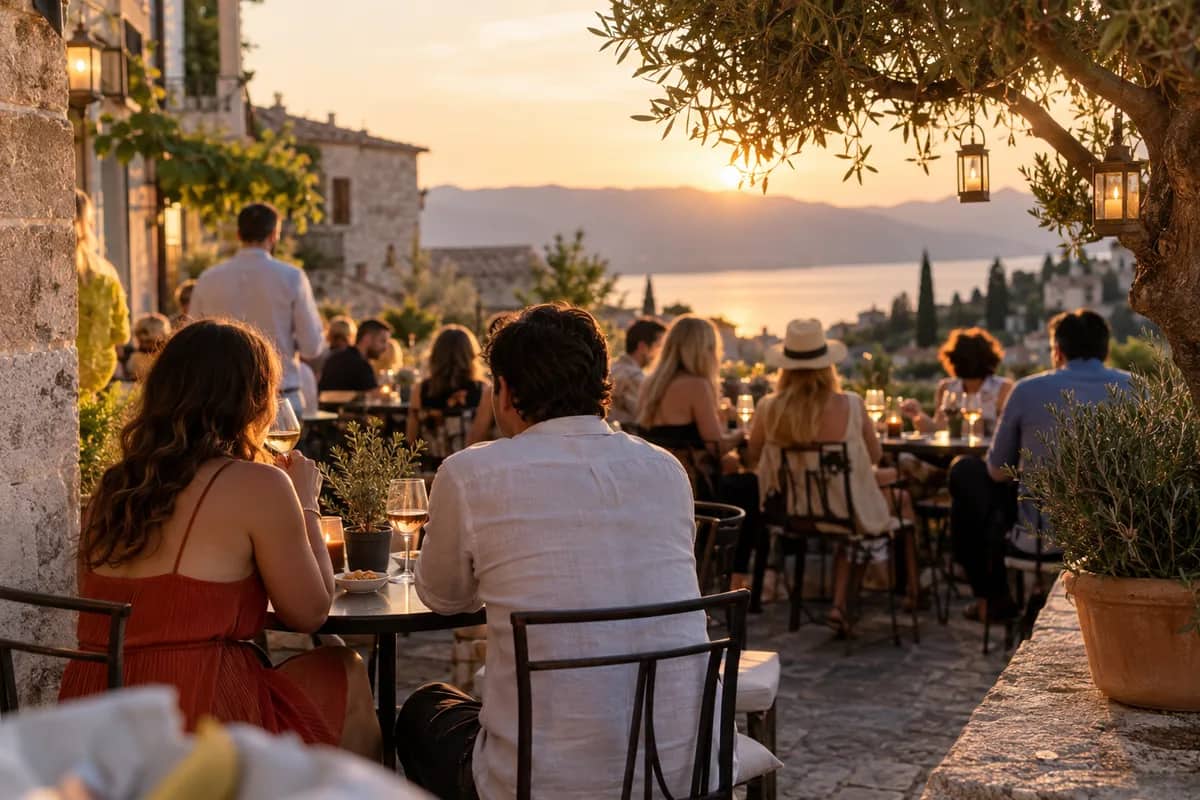 AI-generated illustration Diners at a terrace table with a sunset view over the coast — AI-generated illustration